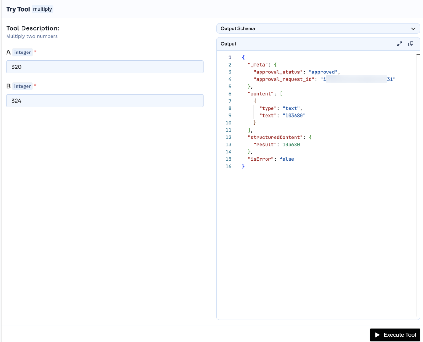 Try Tool multiply playground showing approval_status approved and the multiplication result 103680