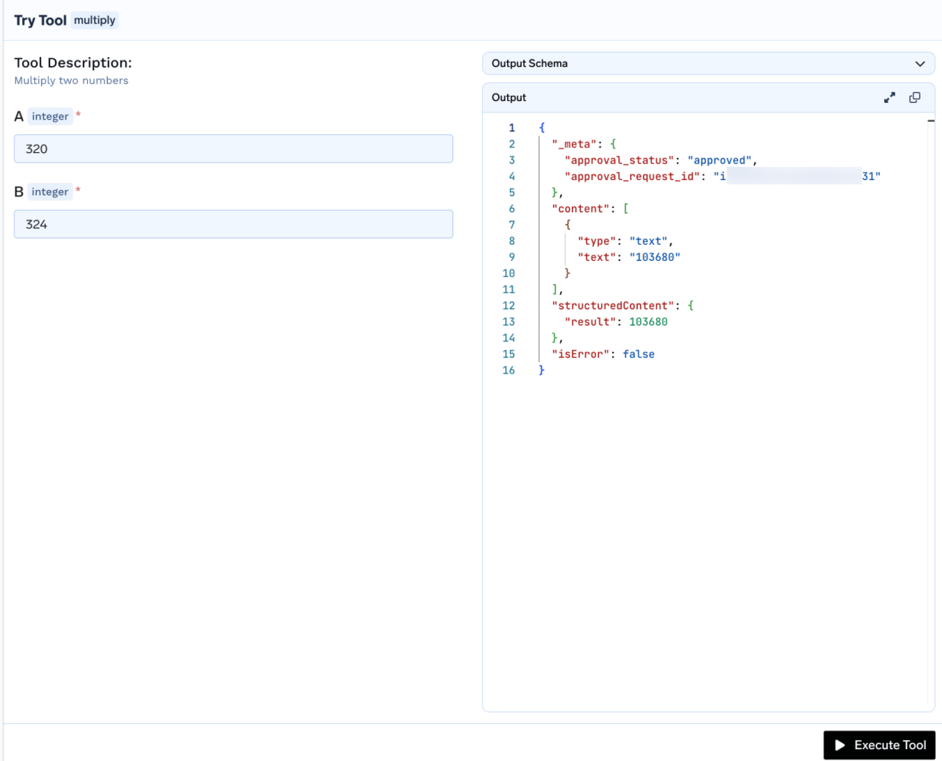 Try Tool multiply playground showing approval_status approved and the multiplication result 103680