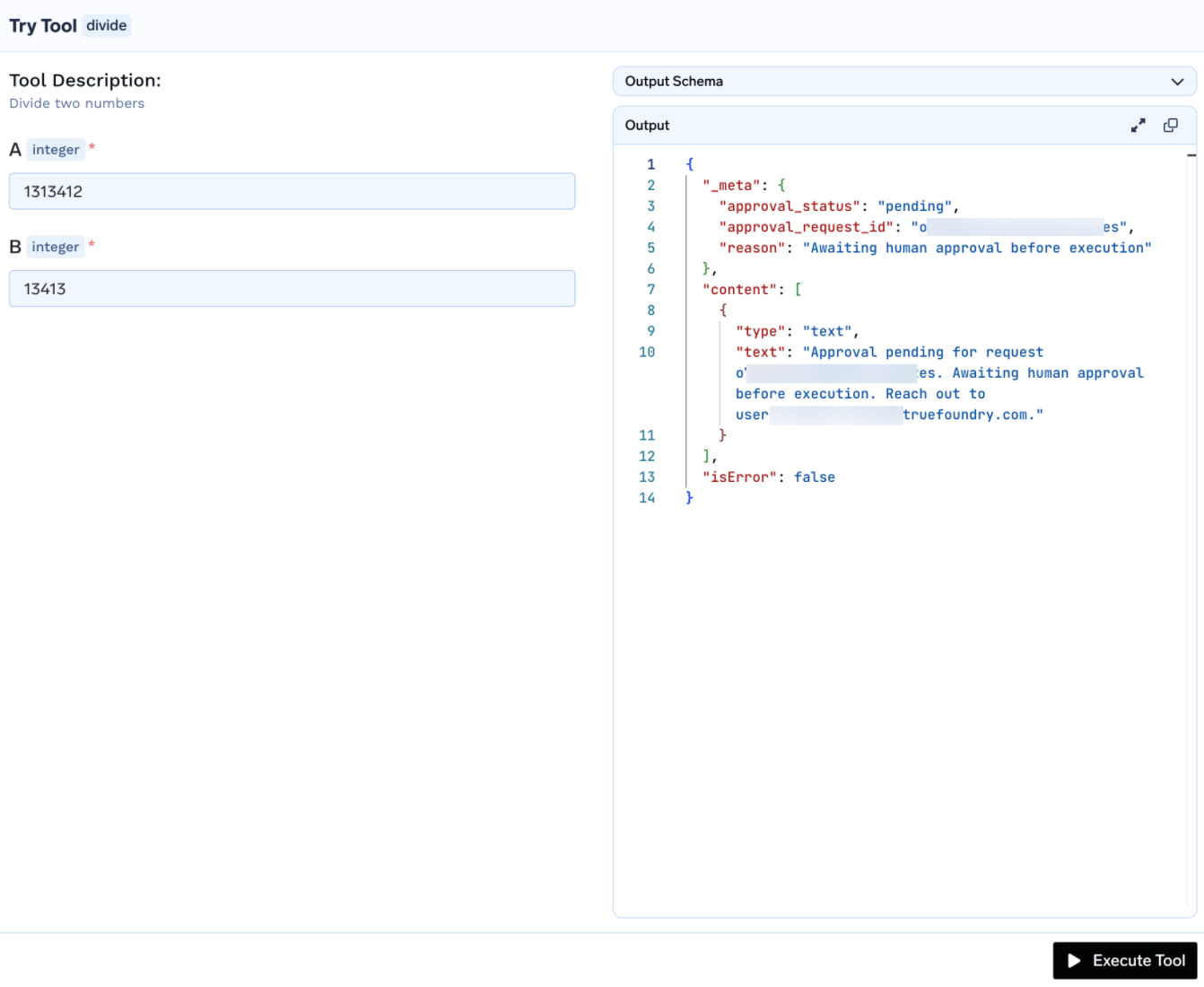 Try Tool divide playground showing approval_status pending in the output panel