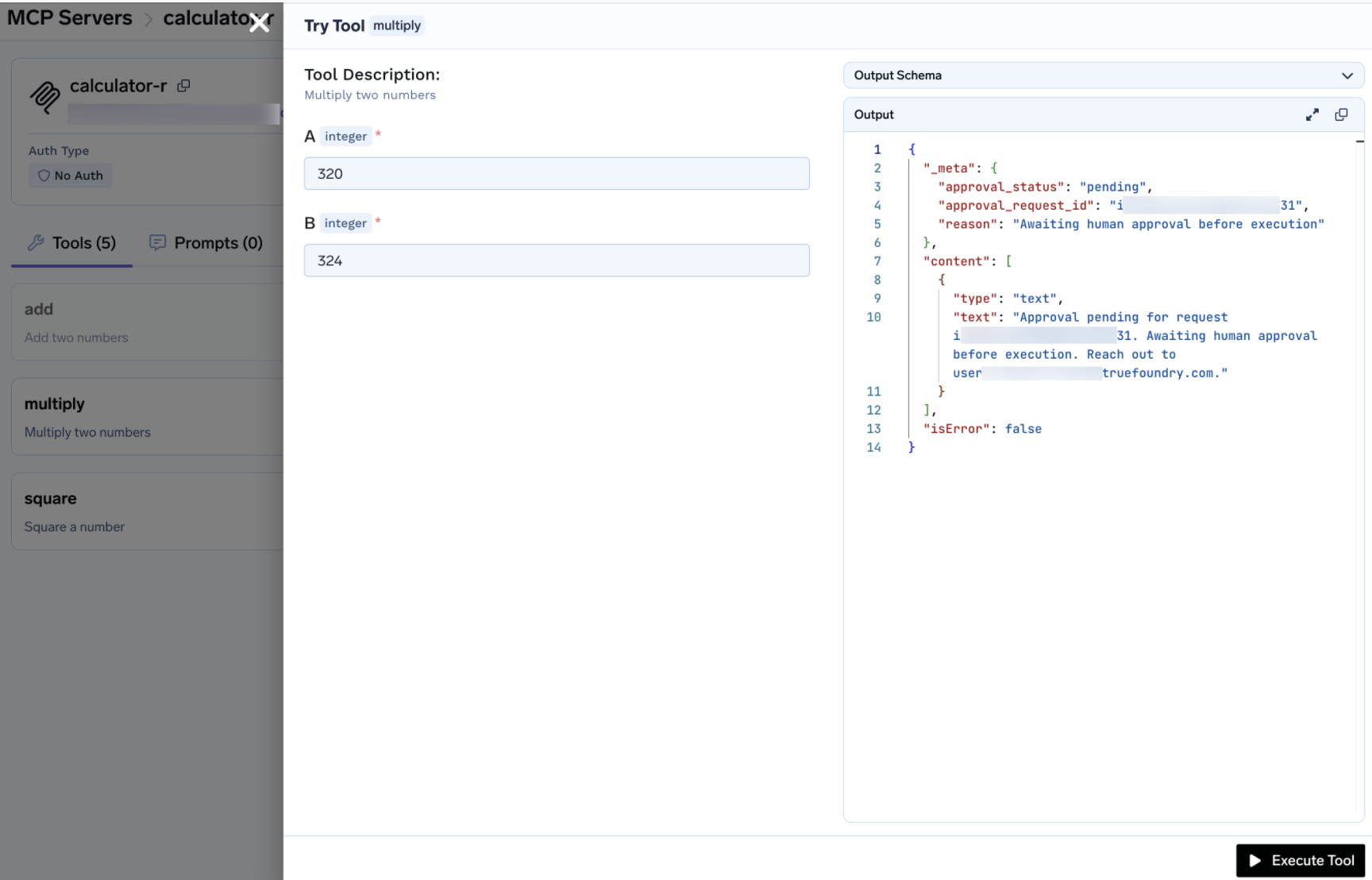 Try Tool multiply playground showing approval_status pending and awaiting human approval message