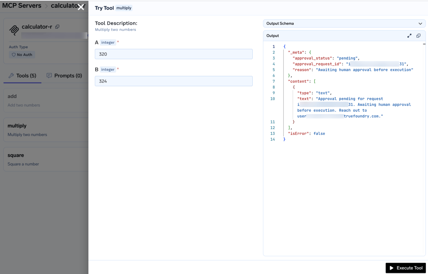 Try Tool multiply playground showing approval_status pending and awaiting human approval message