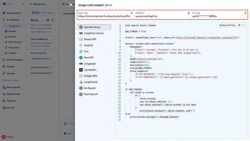 TrueFoundry playground usage code snippet showing the Base URL, Model ID, and API Key
