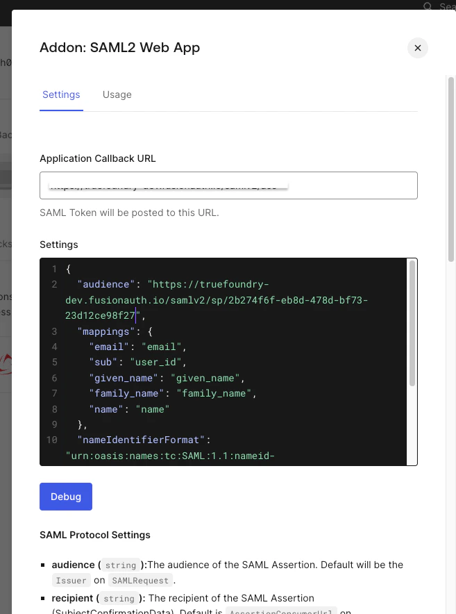Auth0 Addon SAML2 Web App Settings tab showing Application Callback URL and the Settings JSON editor with audience and mappings