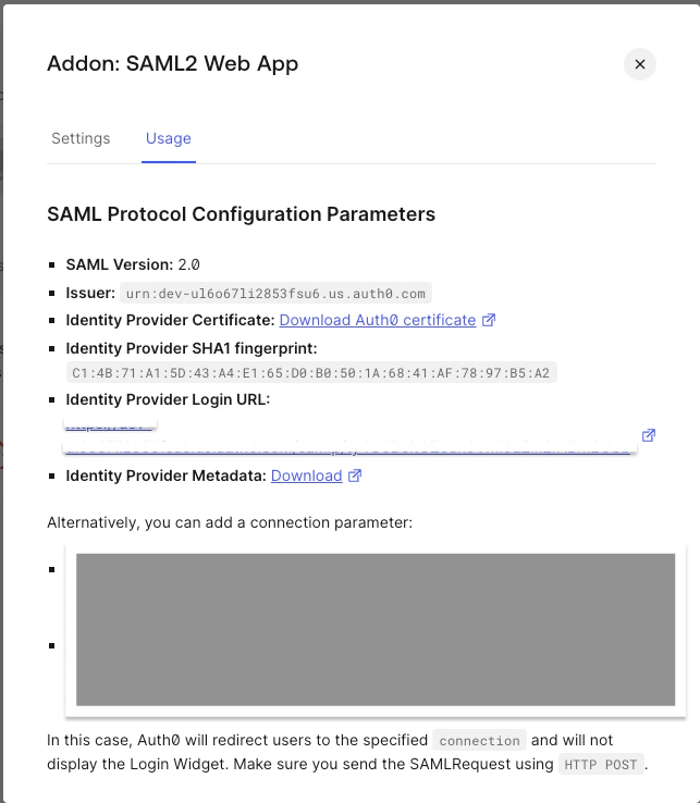 Auth0 Addon SAML2 Web App Usage tab showing Identity Provider Login URL and Download Auth0 certificate link