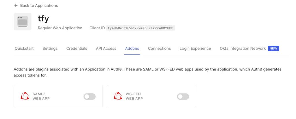 Auth0 application Addons tab showing the SAML2 WEB APP tile