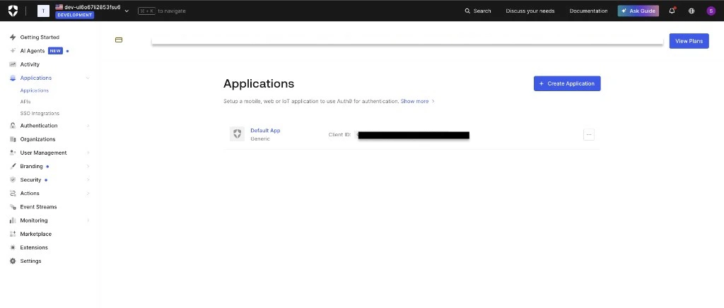 Auth0 Applications page with the Create Application button highlighted