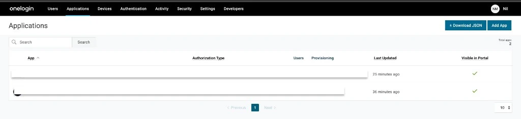 OneLogin Applications page with the Add App button highlighted in the top right corner