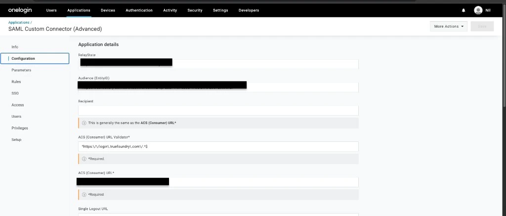 OneLogin Configuration tab Application details section showing Audience Entity ID, ACS Consumer URL Validator, ACS Consumer URL, and Relay State fields