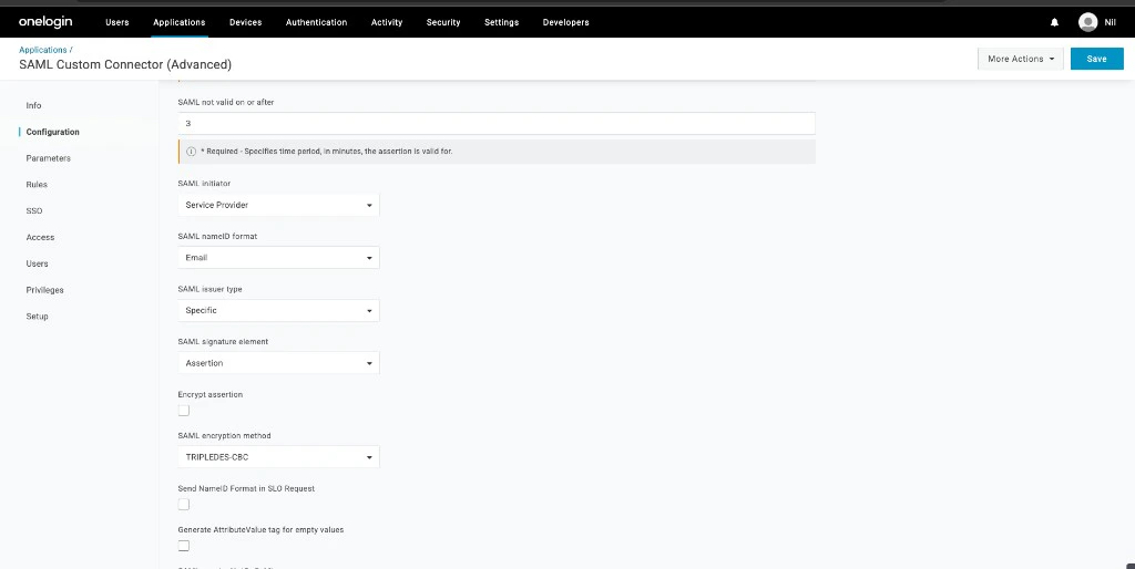 OneLogin Configuration tab showing SAML initiator set to Service Provider, SAML signature element set to Assertion, and SAML nameID format set to Email