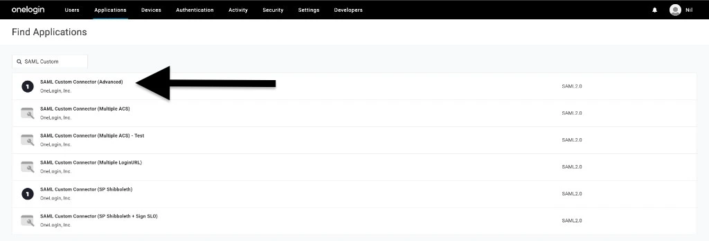 OneLogin Find Applications page showing SAML Custom search results with SAML Custom Connector Advanced listed