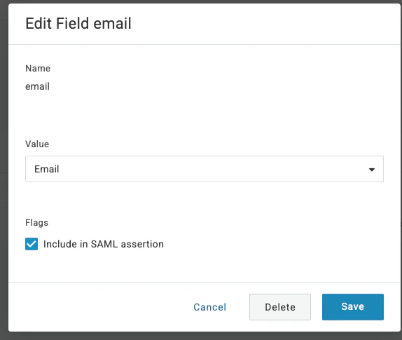 OneLogin Edit Field email dialog with Value set to Email and Include in SAML assertion checked