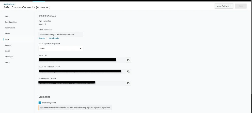 OneLogin SSO tab showing SAML 2.0 Endpoint HTTP, X.509 Certificate, and Issuer URL fields
