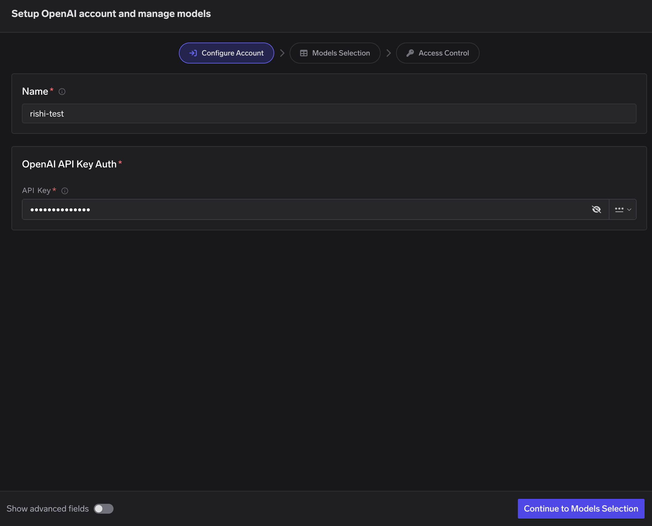 Configure Account step showing name field and OpenAI API Key Auth