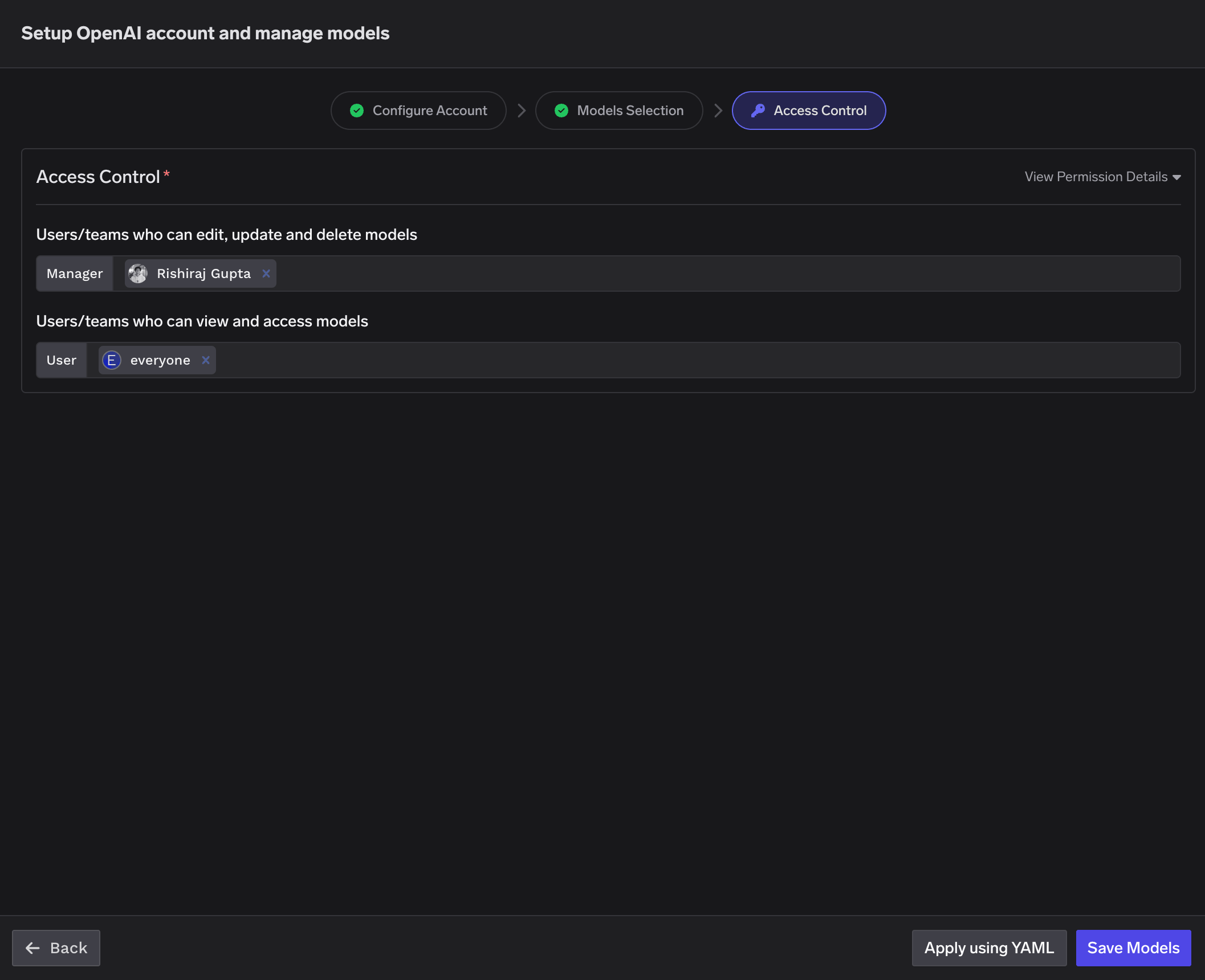 Access Control step showing Manager and User role assignment