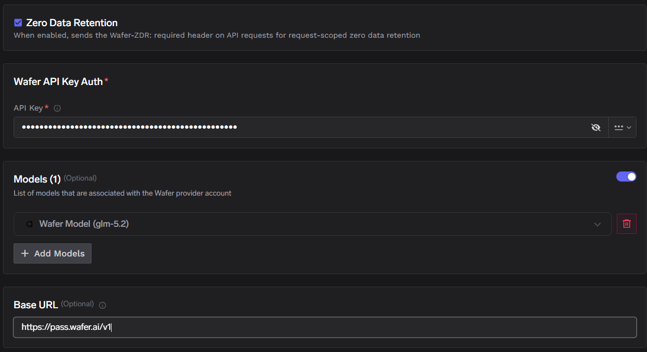 Wafer account form with API key, models, and Base URL fields