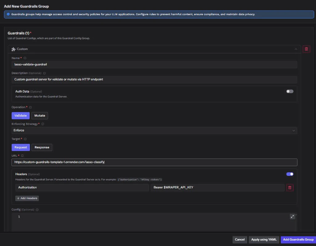 TrueFoundry custom guardrail form: Validate, Request target, /lasso-classify URL, Authorization Bearer header