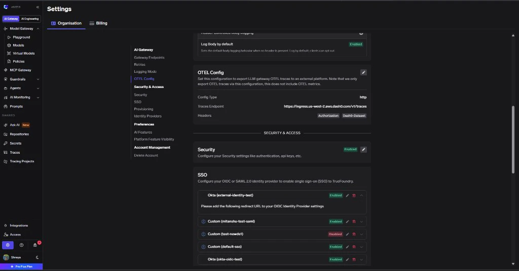 TrueFoundry AI Gateway Settings page showing the OTEL Config section