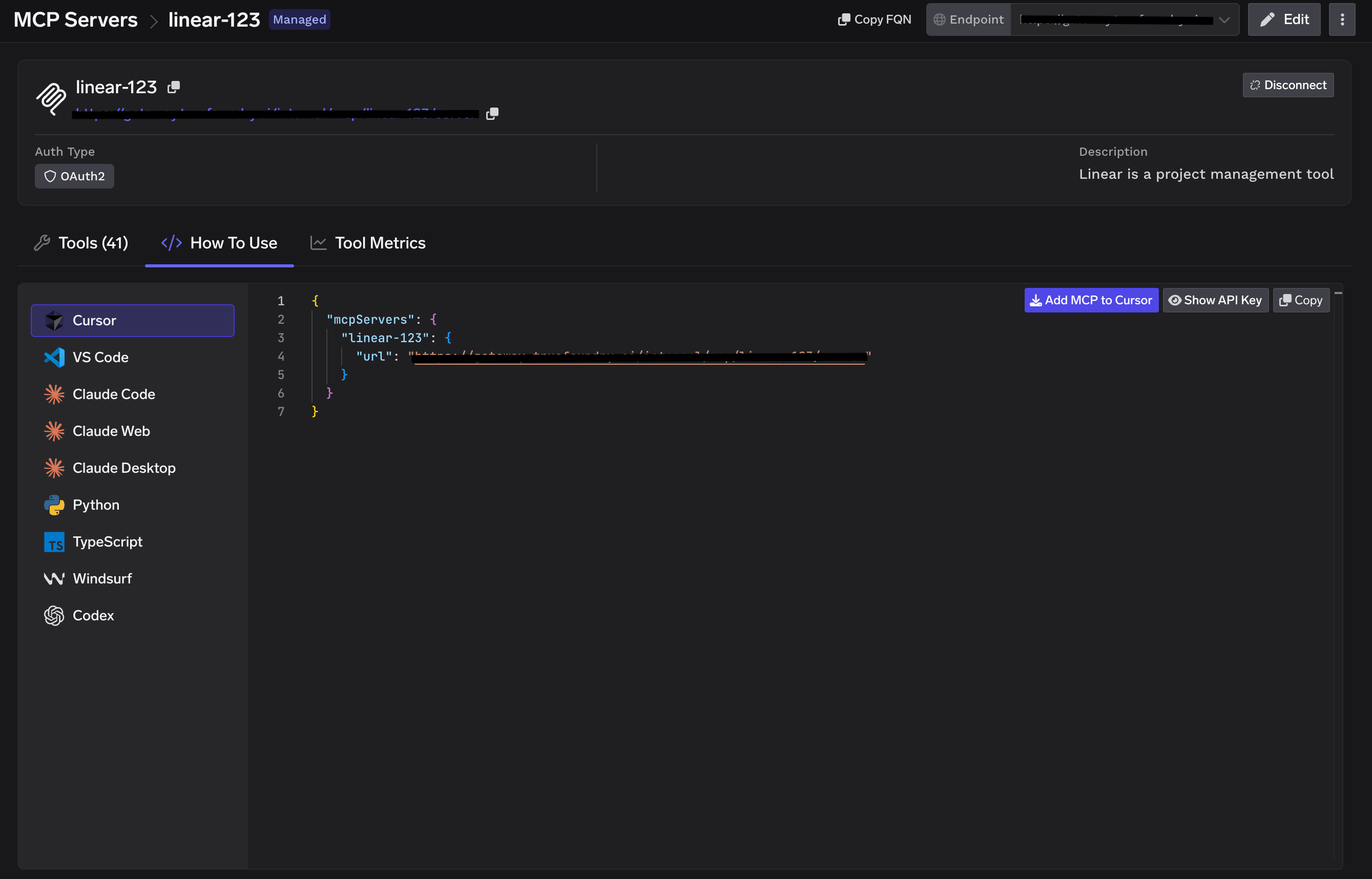 Linear How To Use tab showing connection commands for multiple MCP clients