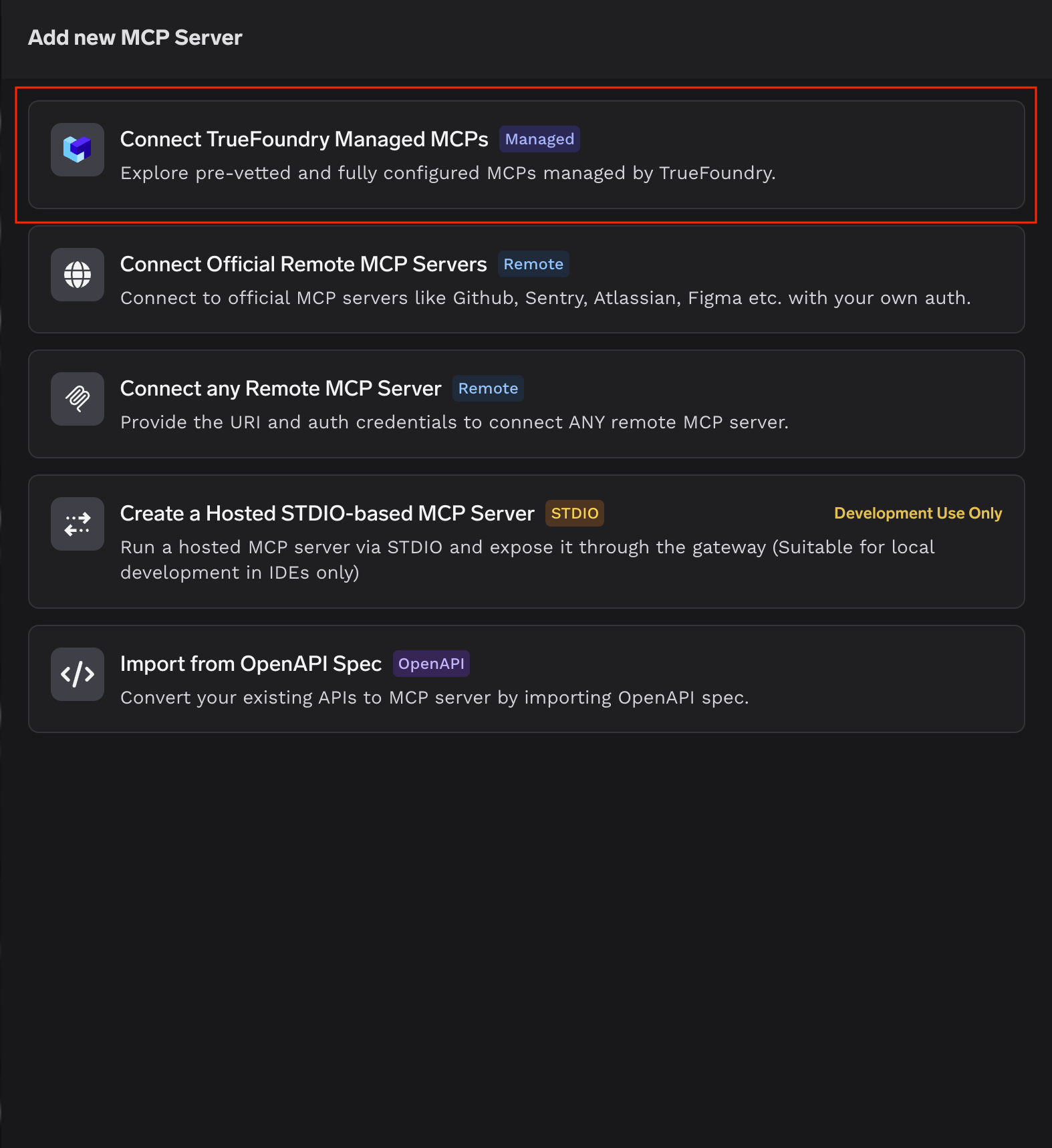 Add new MCP Server picker with the Connect TrueFoundry Managed MCPs option highlighted