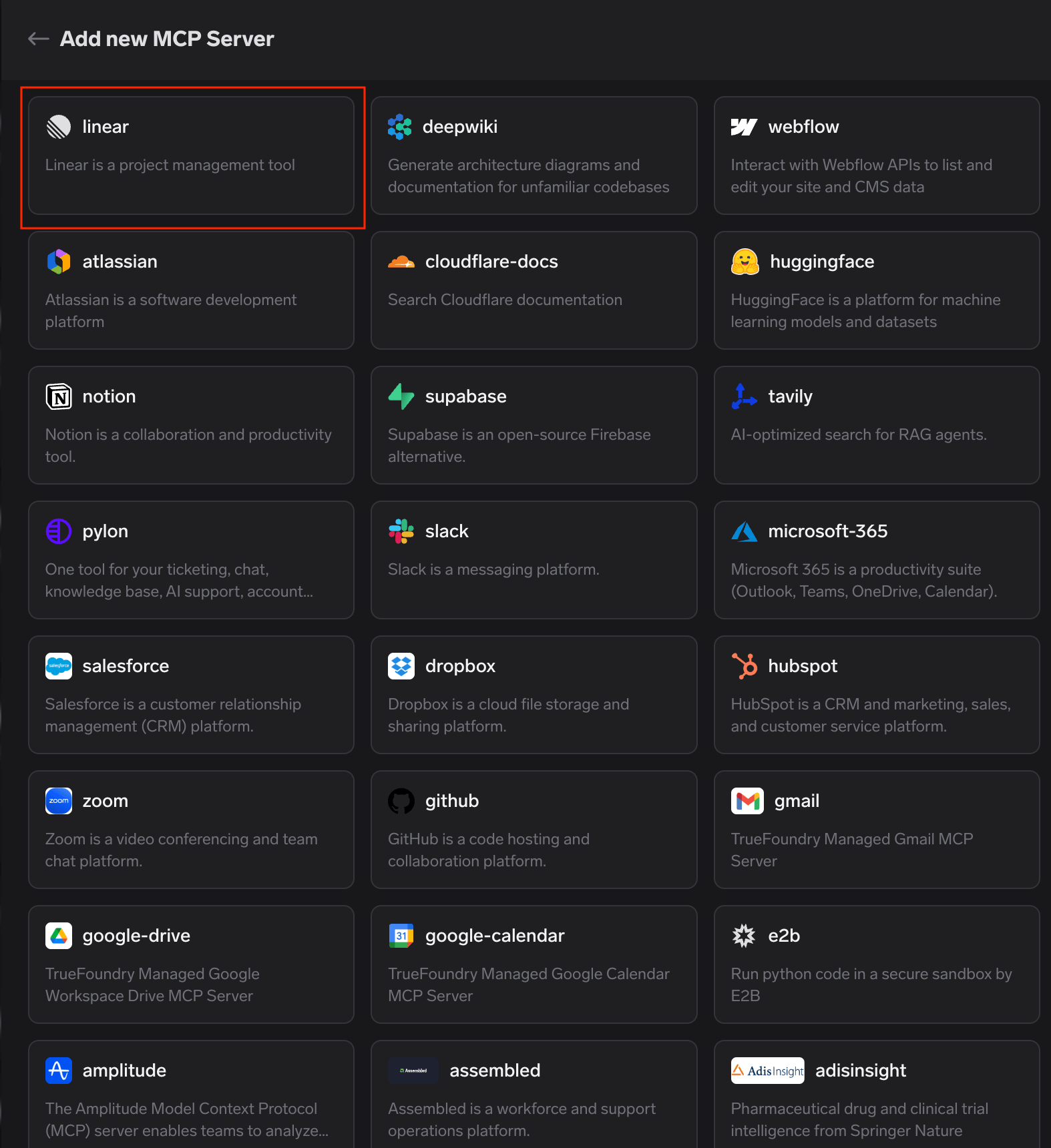 TrueFoundry managed MCP catalog with the linear card highlighted