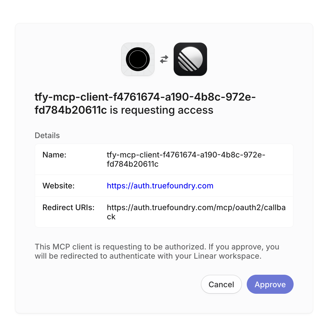 OAuth authorization popup requesting access, showing the redirect URI and an Approve button before redirecting to the Linear workspace