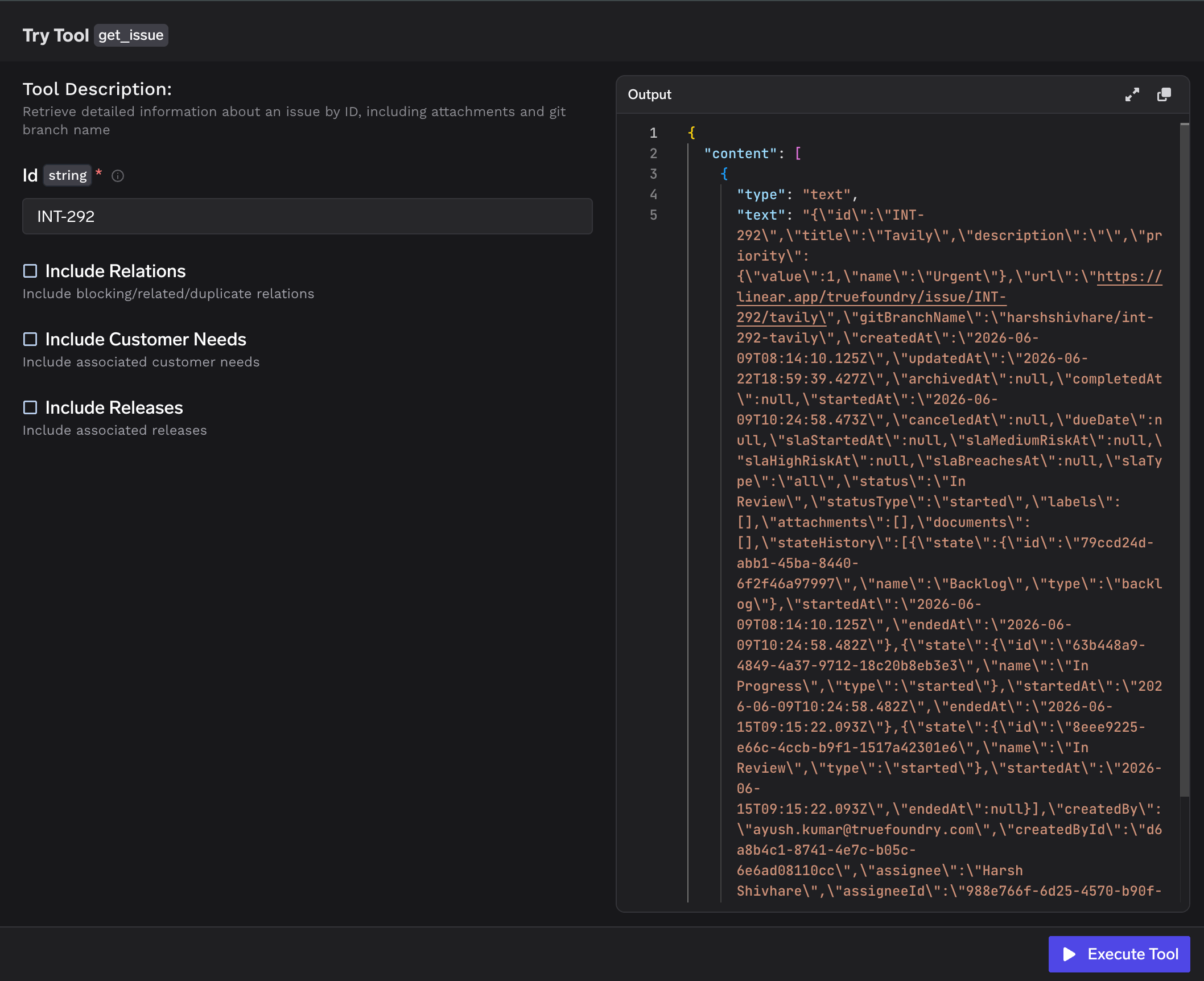 Linear tool playground showing the get_issue inputs and the JSON output panel