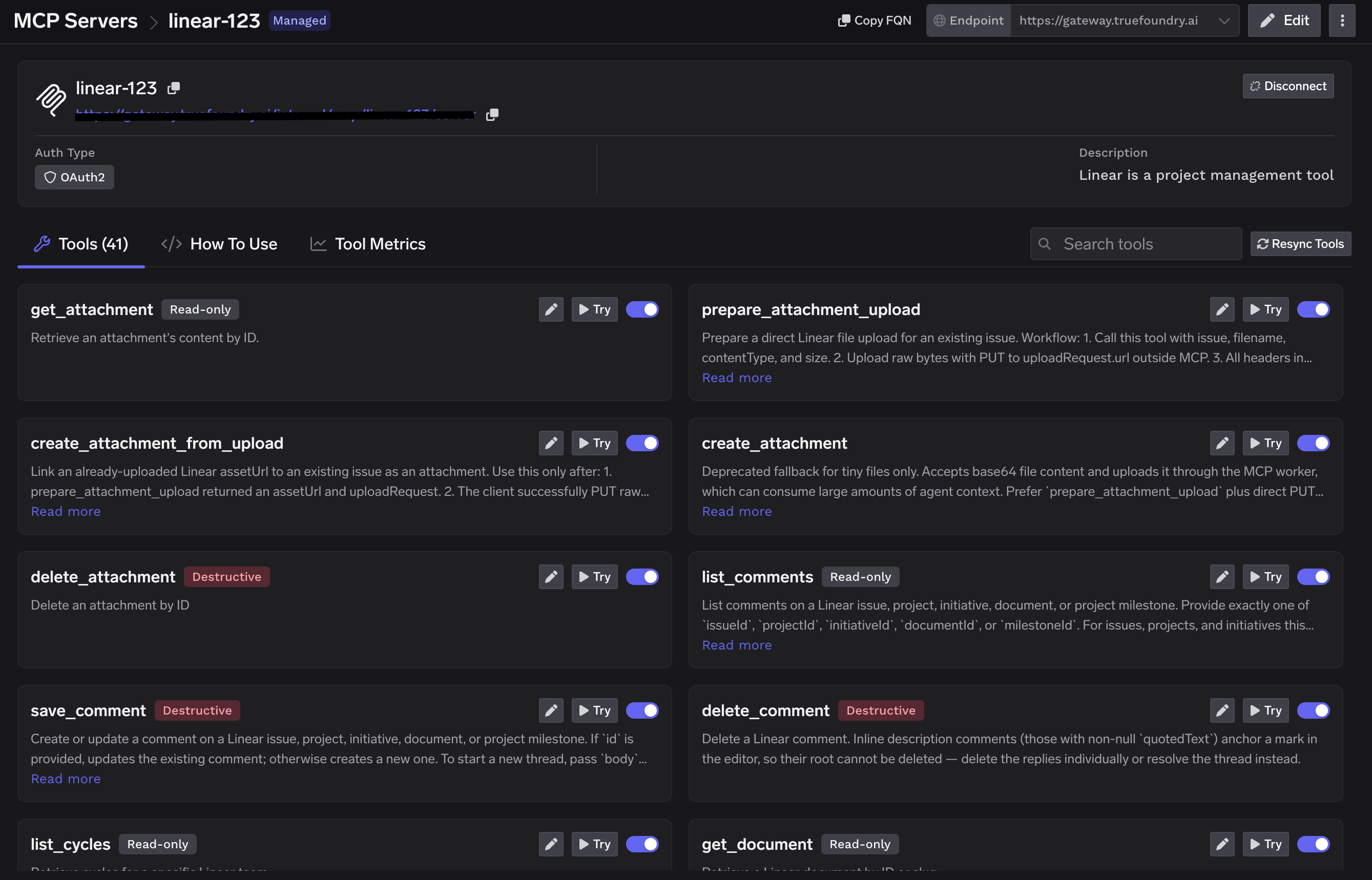 Linear Tools tab populated with the available tools after a successful OAuth2 connection, each labeled Read-only or Destructive