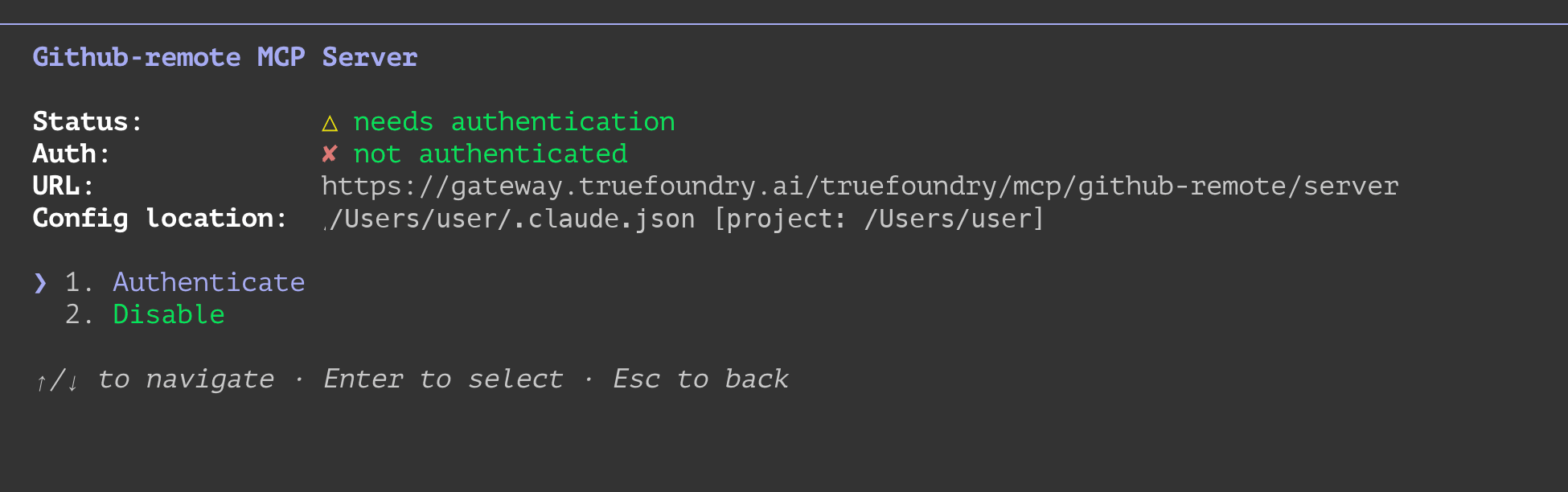Claude Code showing the github-remote MCP server with status needs authentication and an Authenticate option