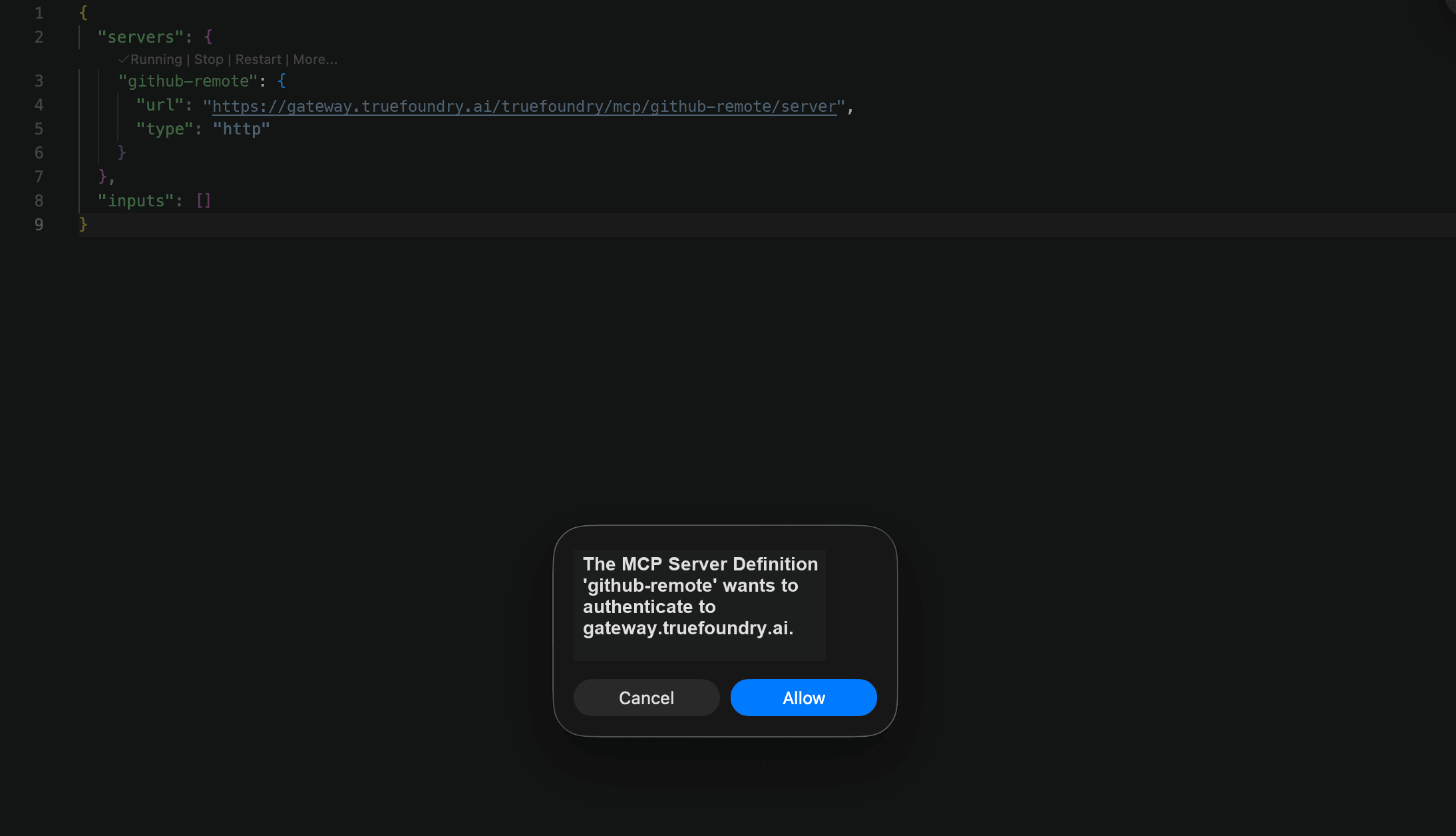 VS Code showing the .vscode/mcp.json with the server added and a prompt asking to authenticate to the MCP Gateway, with Allow and Cancel