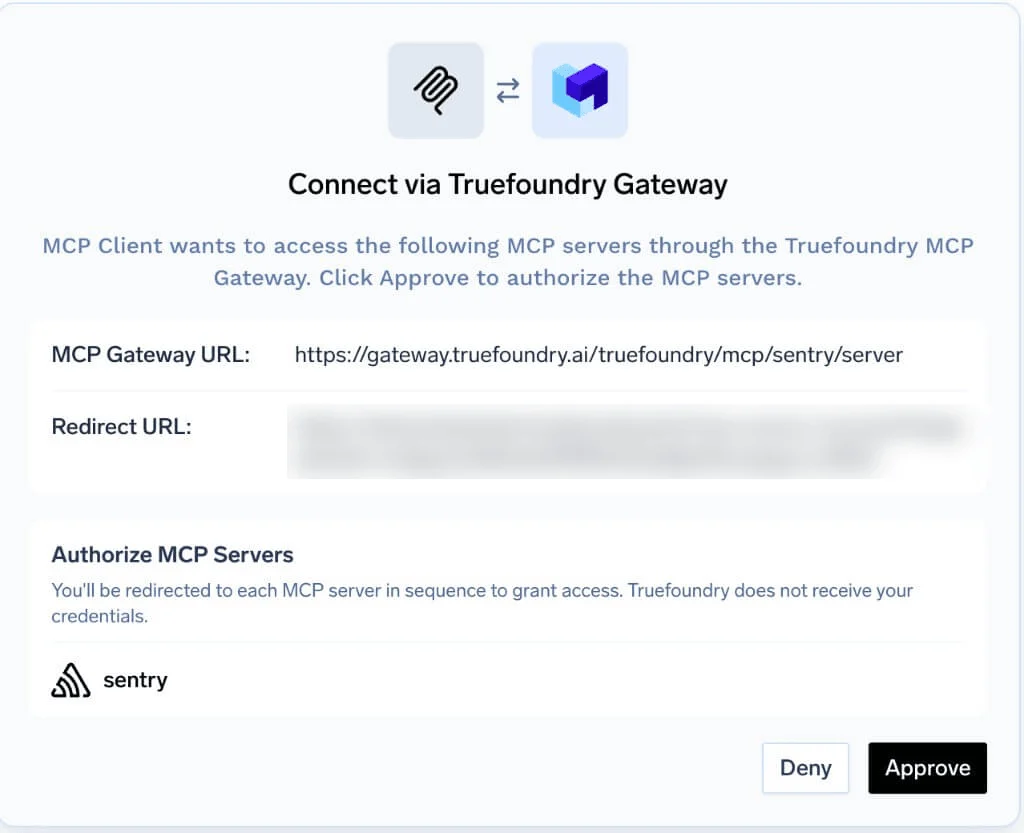The TrueFoundry consent screen titled Connect via Truefoundry Gateway, showing the Gateway URL, redirect URL, and an Approve button