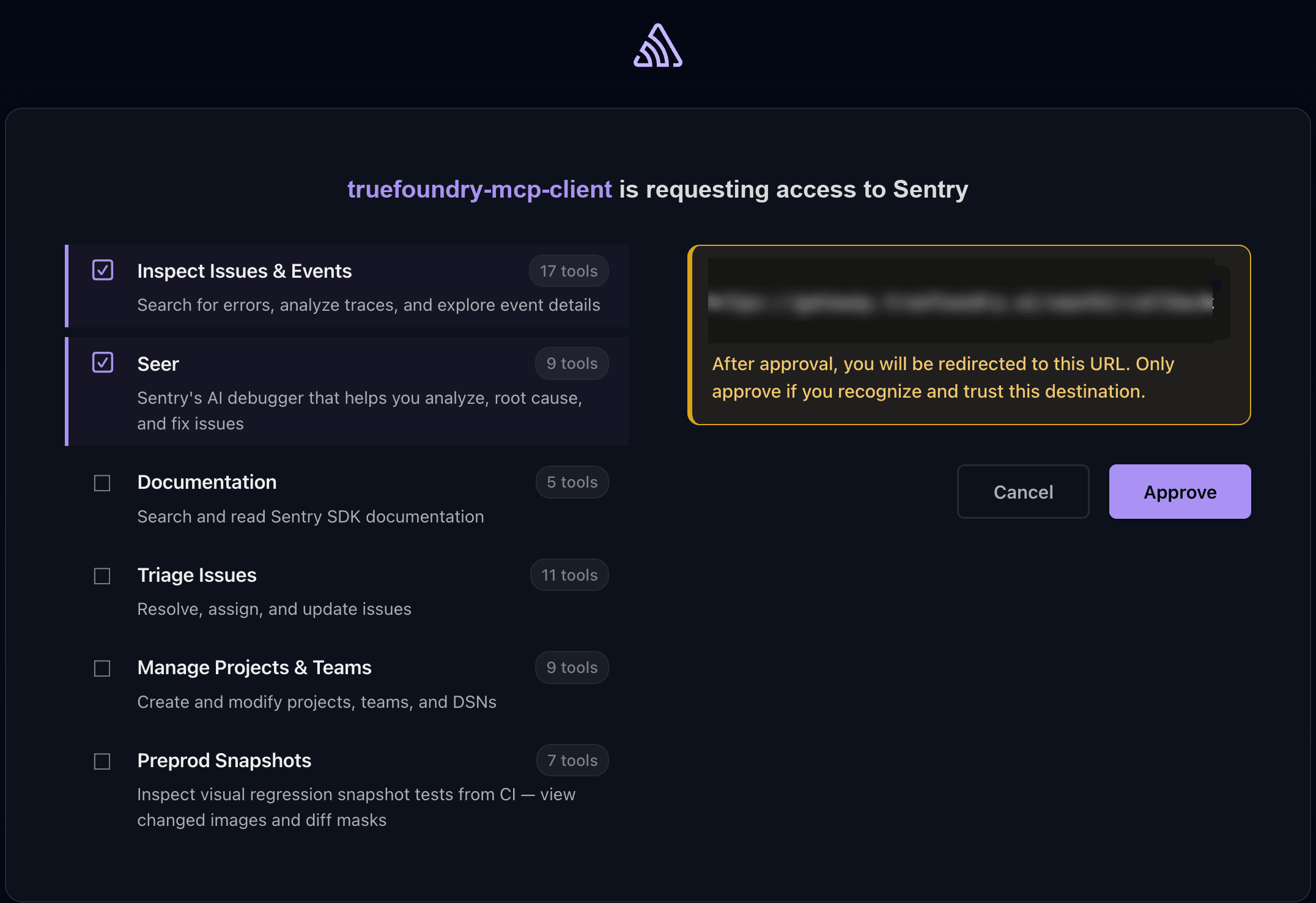 The Sentry authorization screen showing the MCP client requesting access, with selectable tool scopes and an Approve button