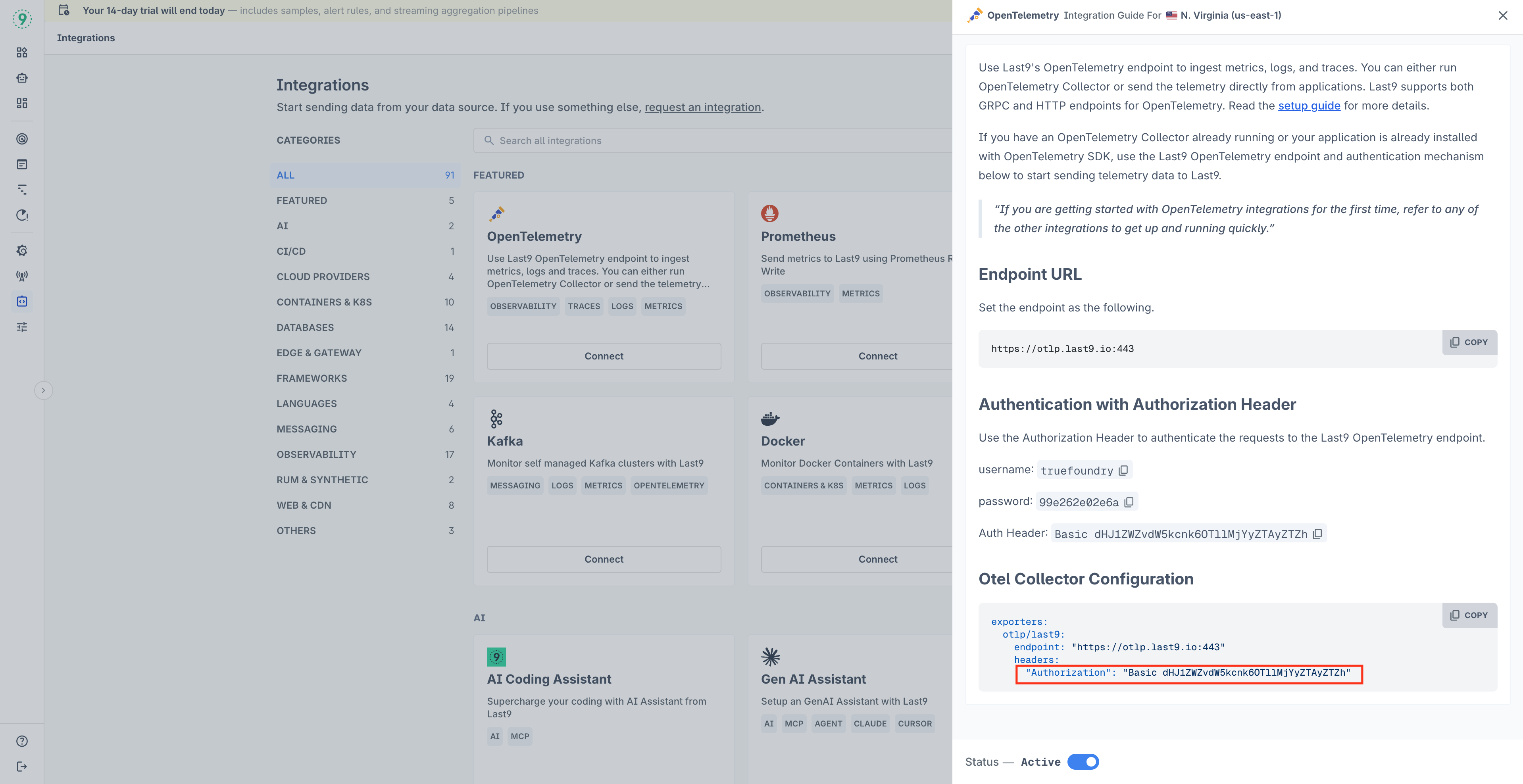 Last9 Integrations page showing OpenTelemetry integration with endpoint URL and Auth Header ready to copy