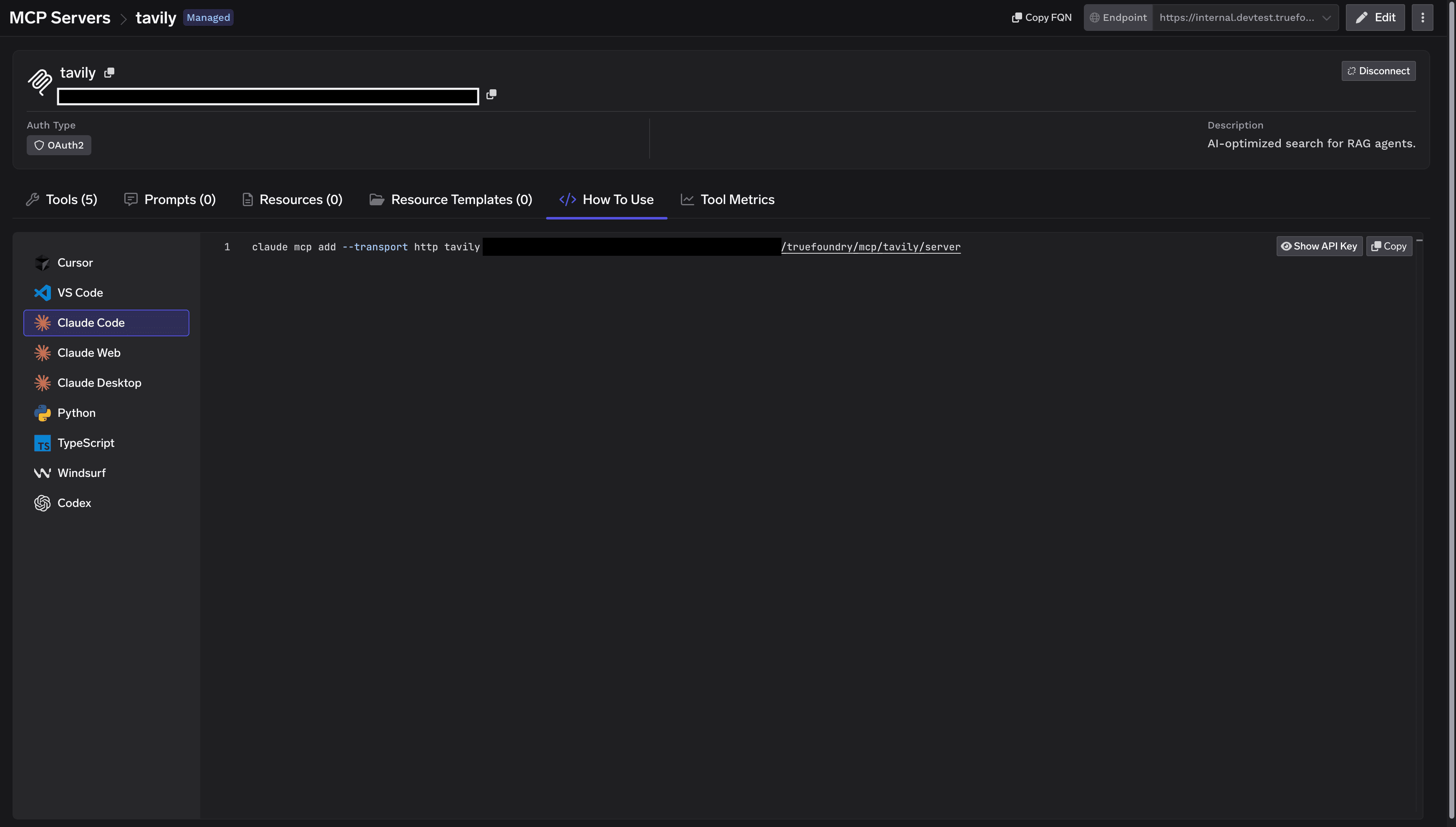 Tavily How To Use tab showing connection commands for multiple MCP clients