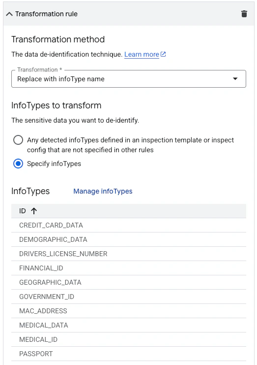 De-identify Template Configuration