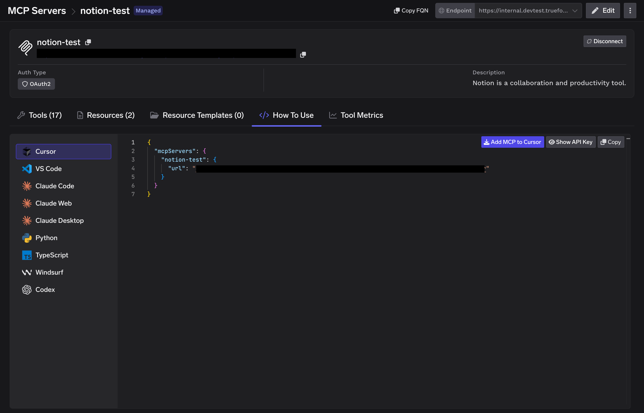 Notion How To Use tab showing connection commands for multiple MCP clients