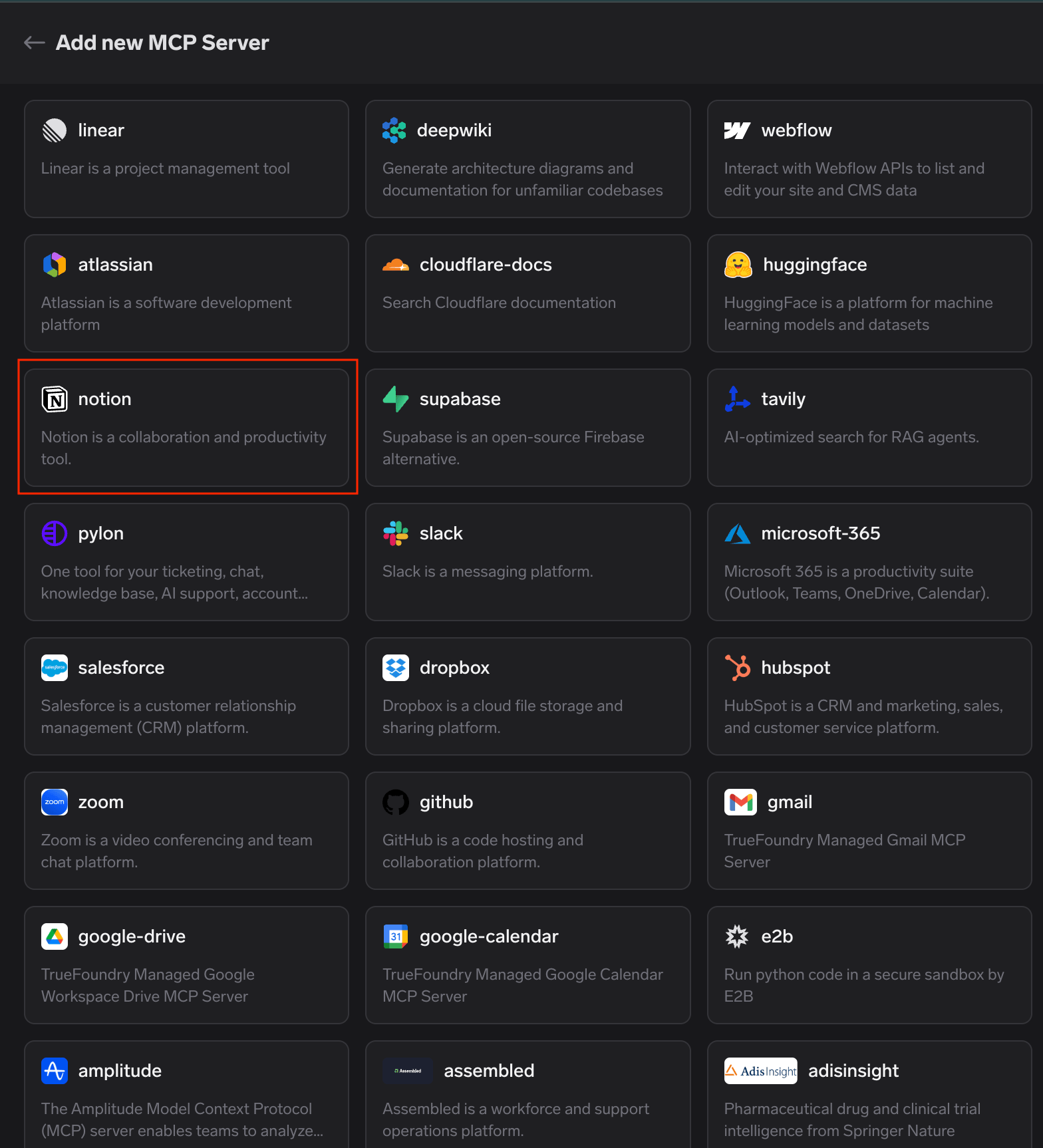TrueFoundry managed MCP catalog with the notion card highlighted