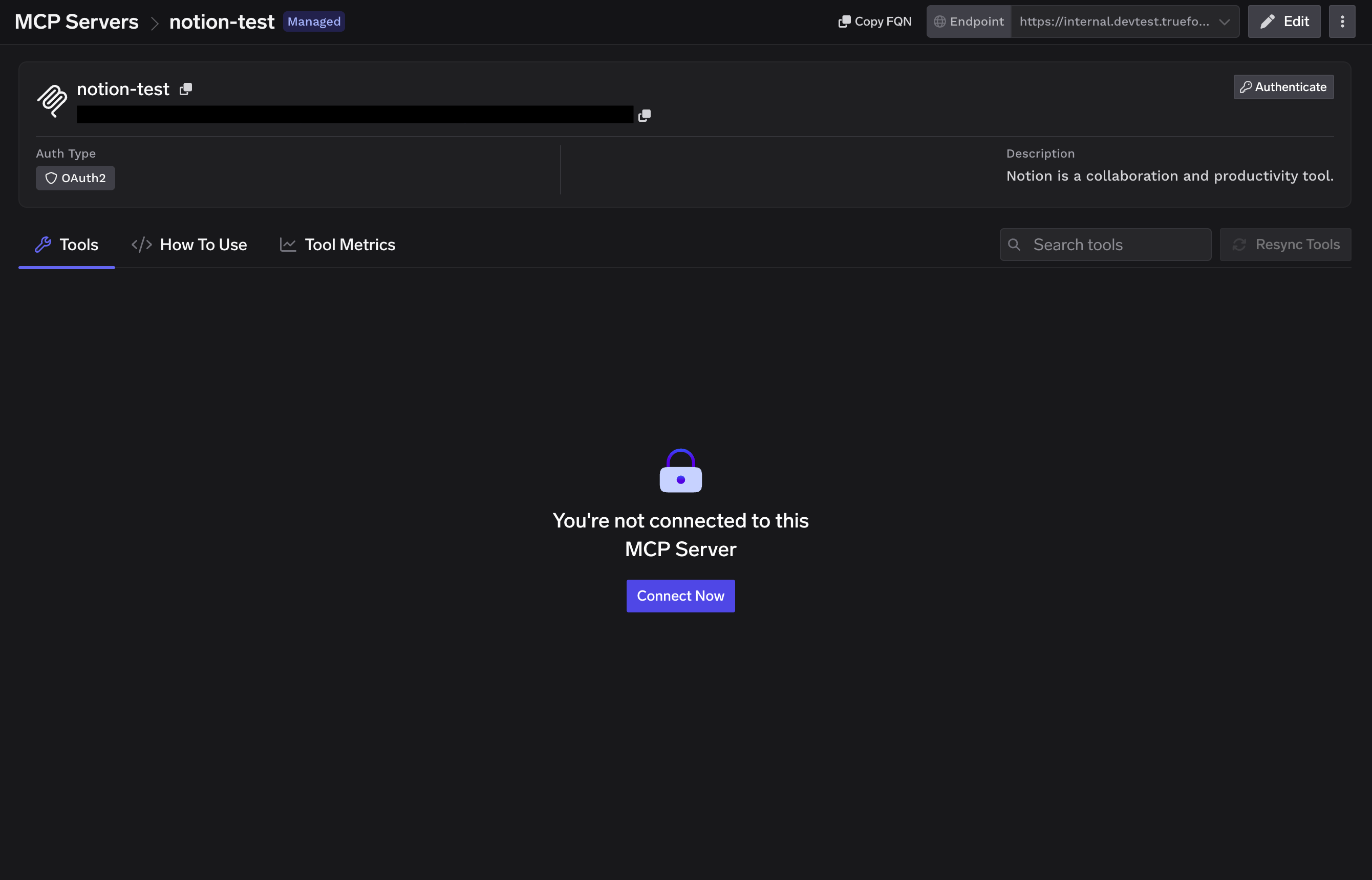 Notion MCP server detail page showing OAuth2 auth type and the Connect Now button