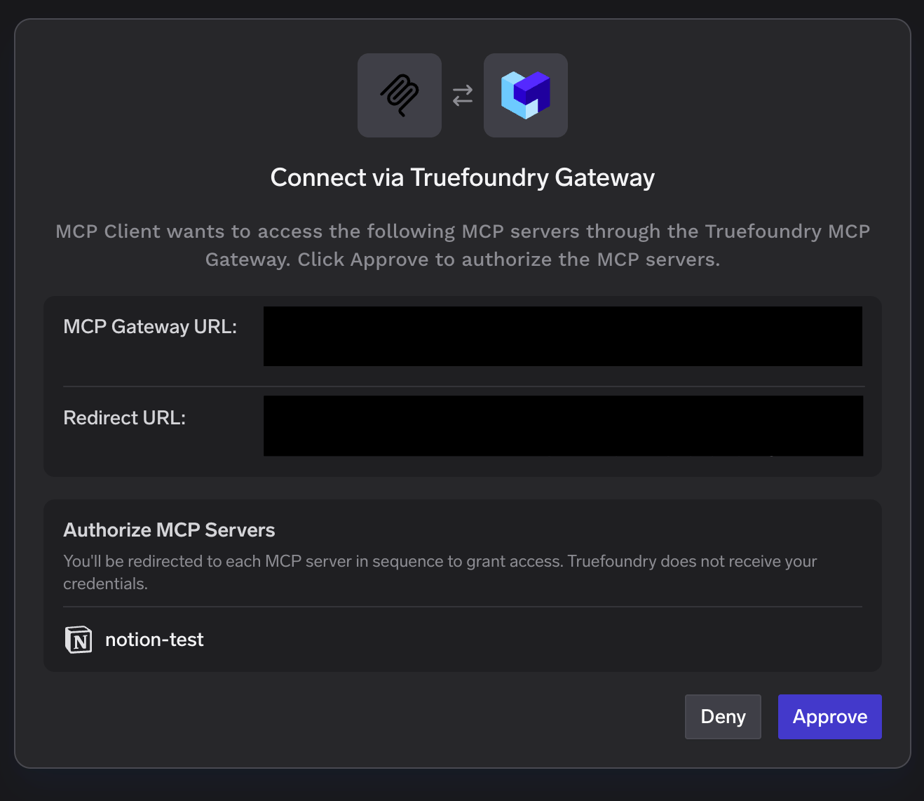 Connect via TrueFoundry Gateway popup listing notion-test under Authorize MCP Servers with Deny and Approve buttons
