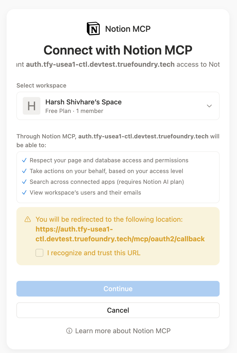 Connect with Notion MCP screen showing workspace selection, the granted permissions, and a Continue button