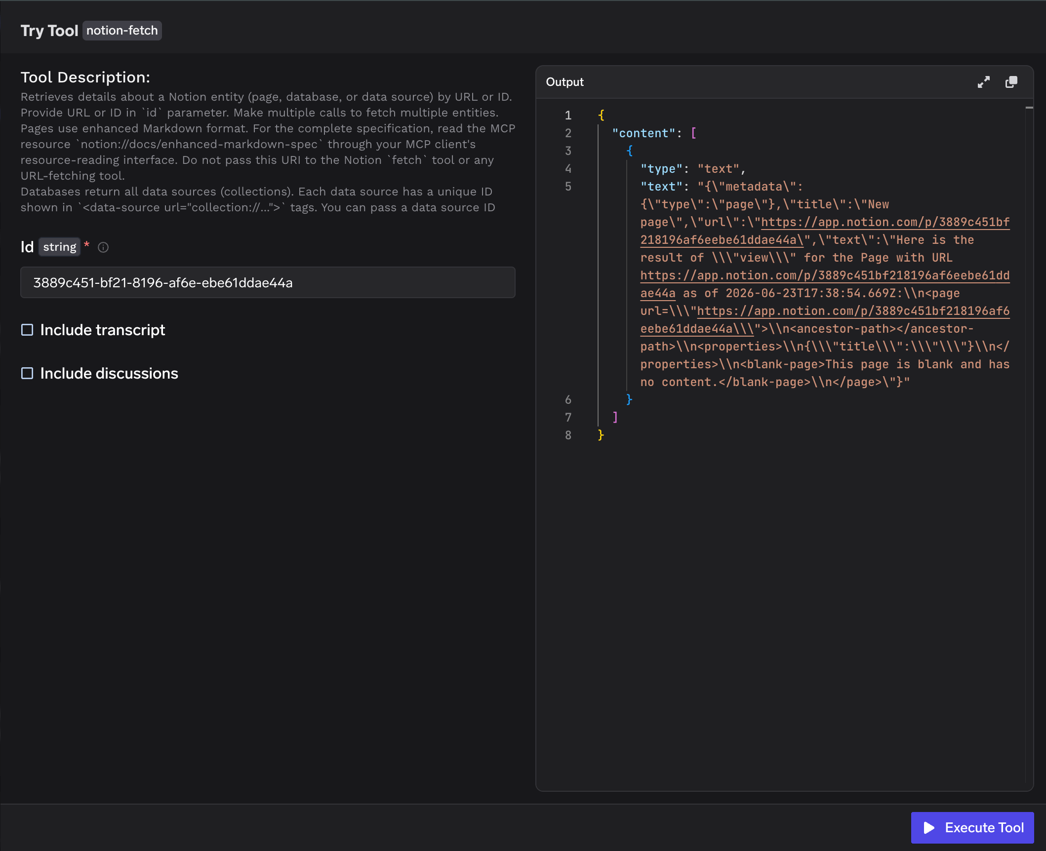 Notion tool playground showing the notion-fetch inputs and the JSON output panel