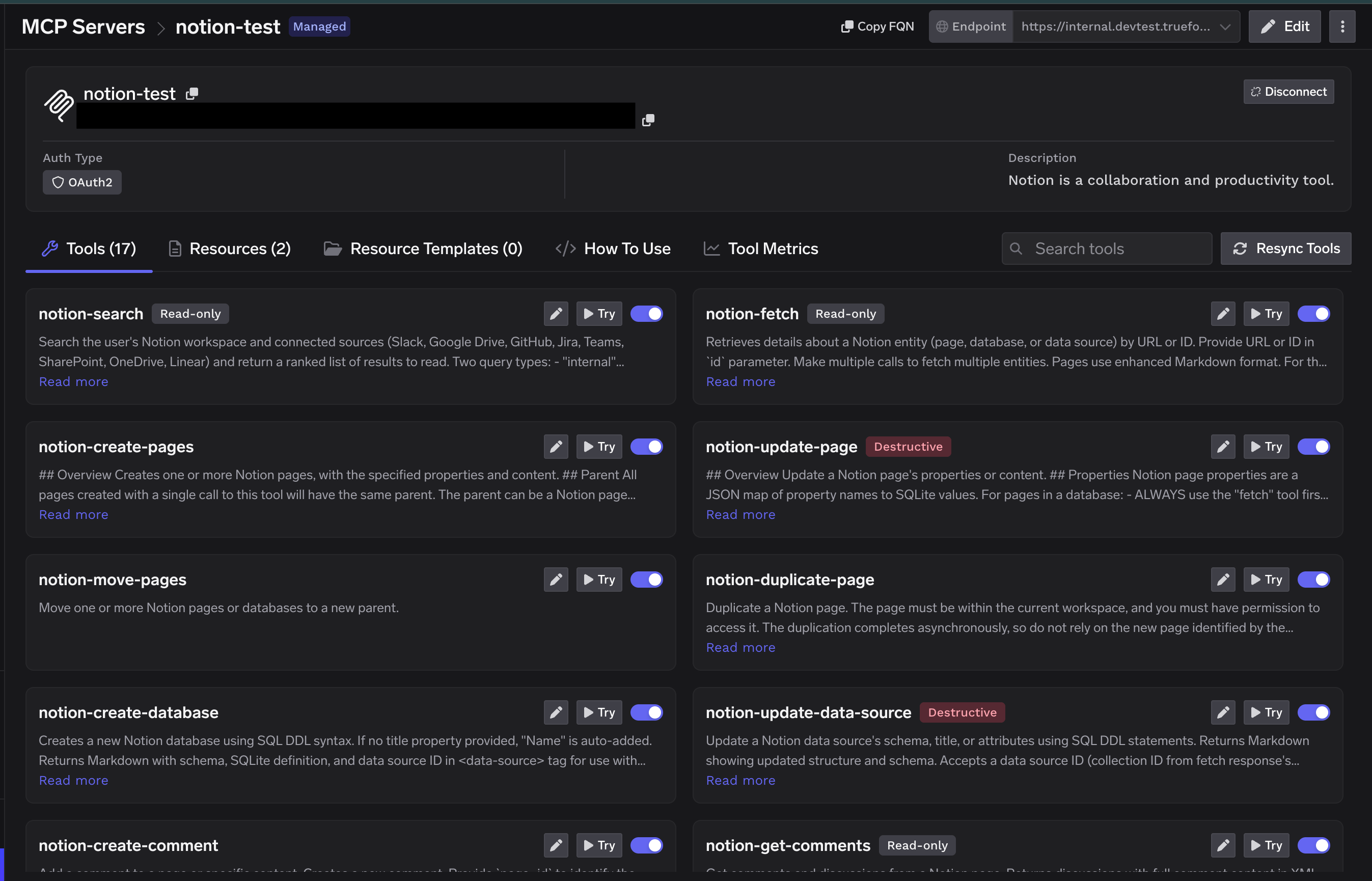 Notion Tools tab populated with tools such as notion-search, notion-fetch, notion-create-pages, and notion-update-page, each labeled Read-only or Destructive