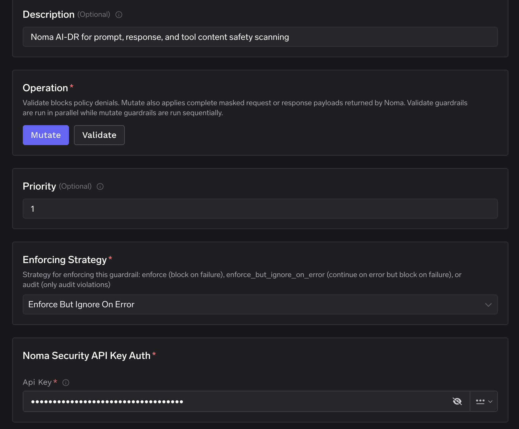 Noma Security guardrail form with Mutate selected and fields for priority, enforcing strategy, and API key