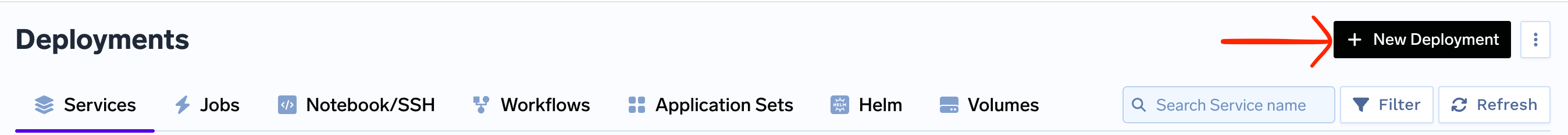 TrueFoundry Deployments page showing the New button
