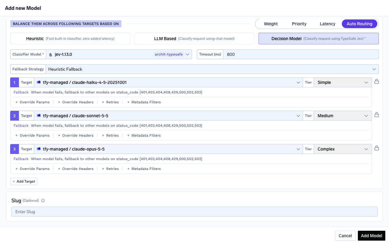 Auto Routing with a TypeSafe Jev classifier, Timeout 800 ms, Heuristic Fallback, and Haiku, Sonnet, and Opus targets for Simple, Medium, and Complex