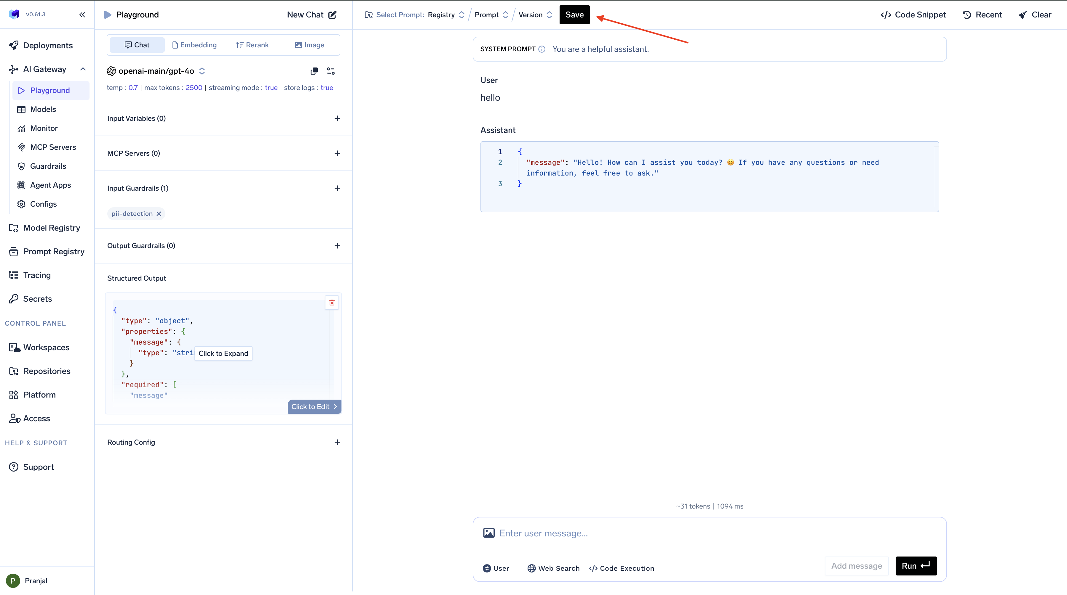TrueFoundry AI Gateway Playground with highlighted Save button in the top right corner after configuring prompt parameters