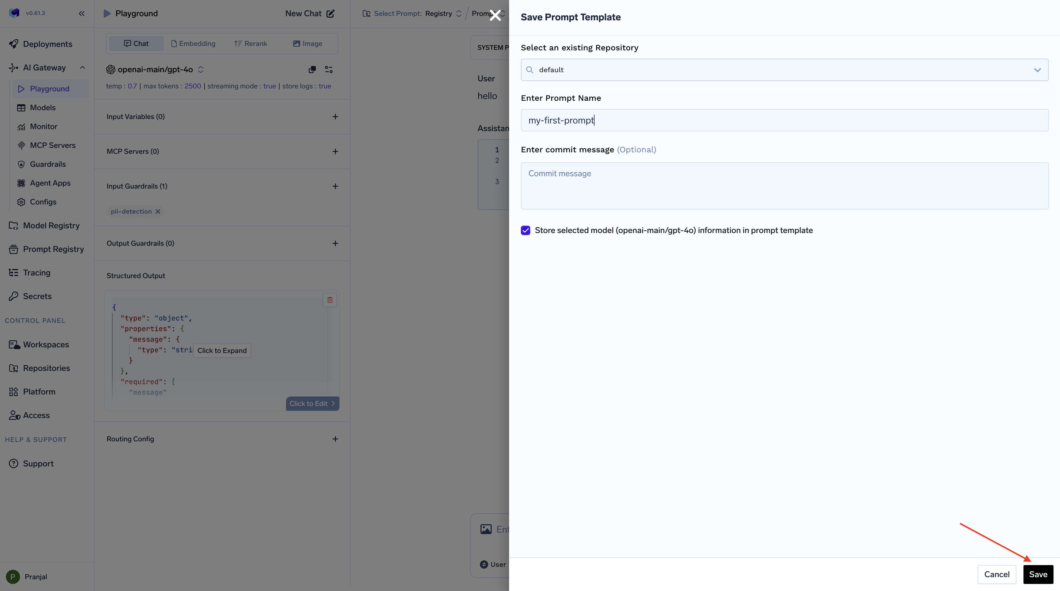 Modal dialog for saving prompt template showing ML Repo selection, prompt name field, and commit message field