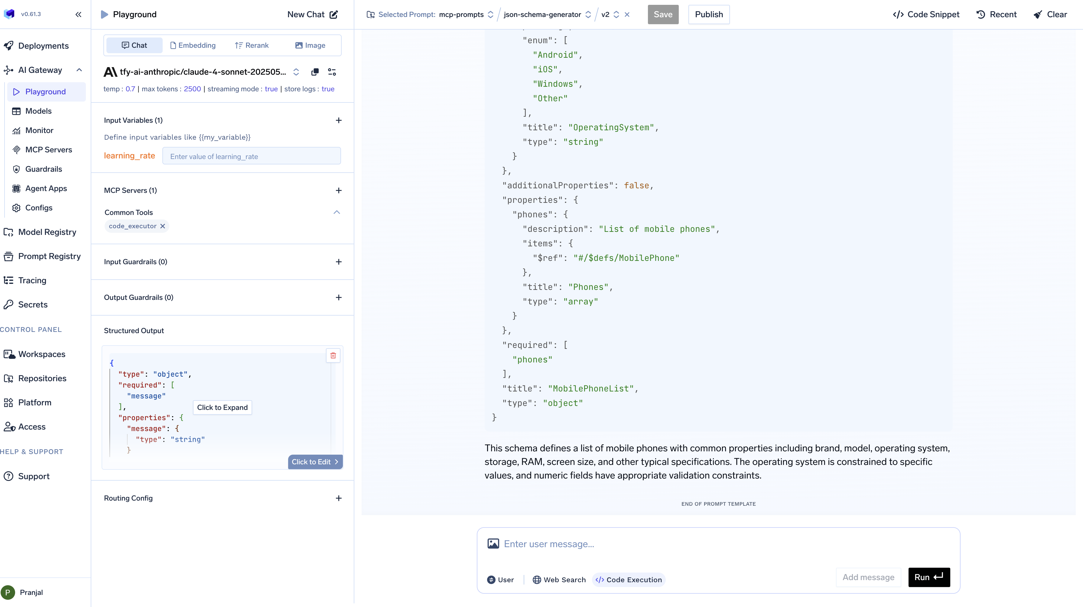 TrueFoundry AI Gateway Playground displaying a loaded prompt with all previous configurations restored including system message, parameters, and settings