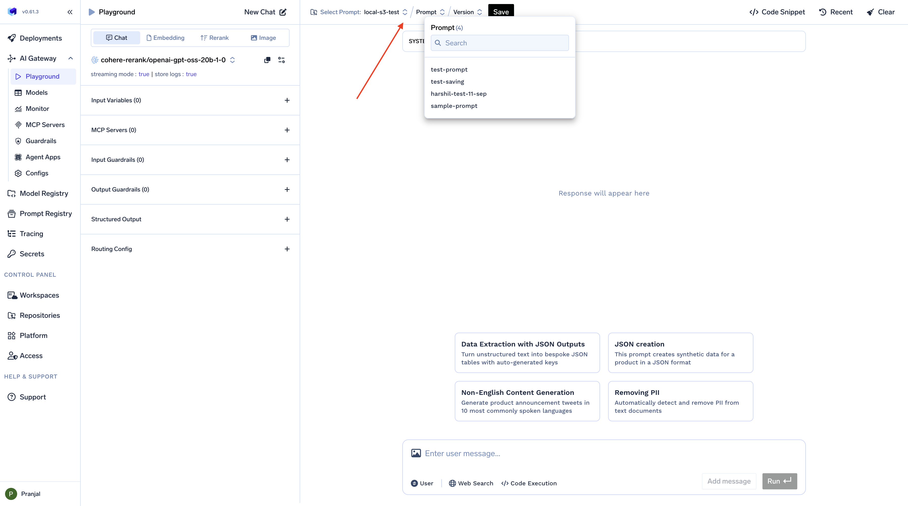 TrueFoundry AI Gateway Playground Load Prompt interface showing dropdown to select existing prompt templates