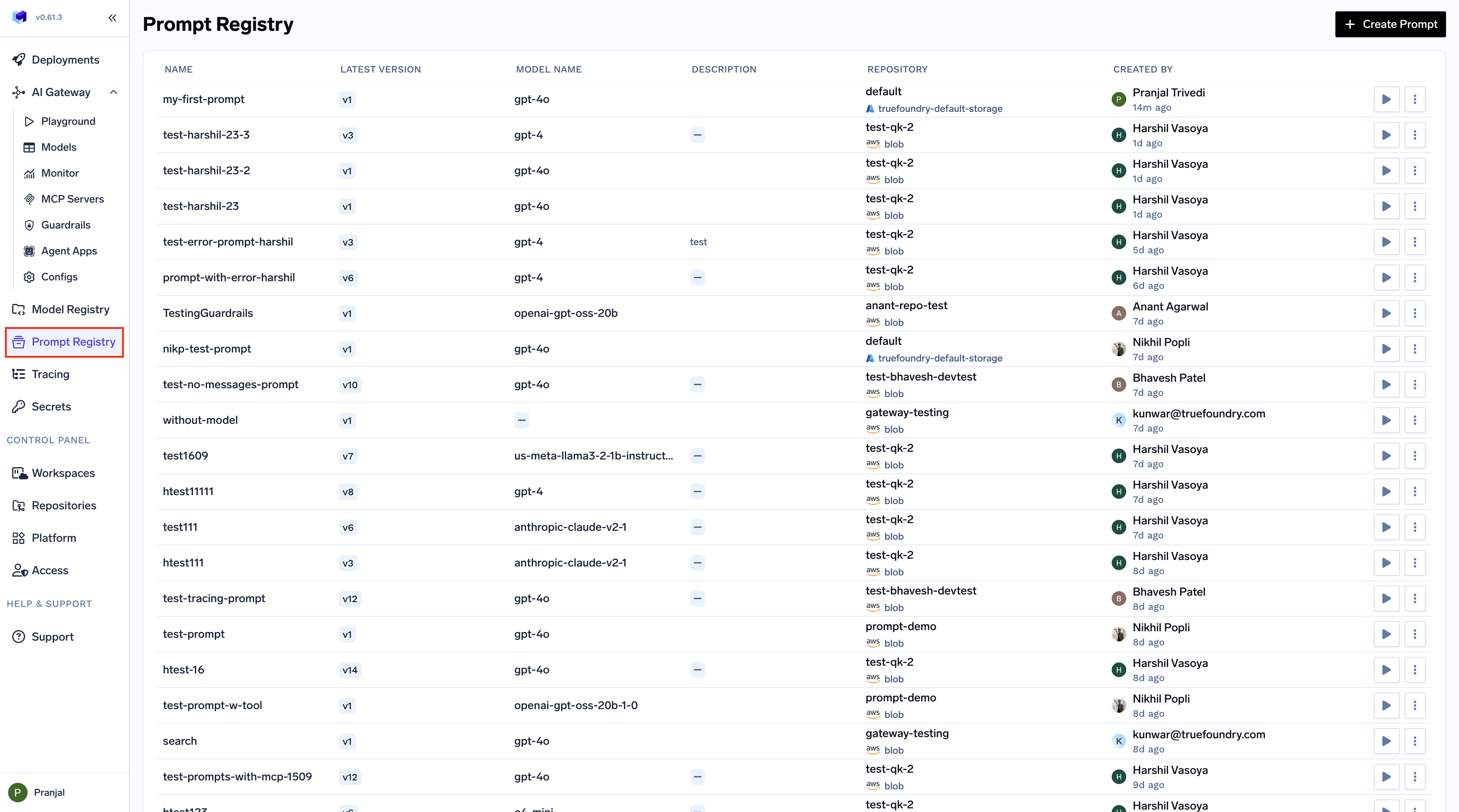 TrueFoundry Prompt Registry dashboard showing list of saved prompt templates with names, repositories, and access permissions