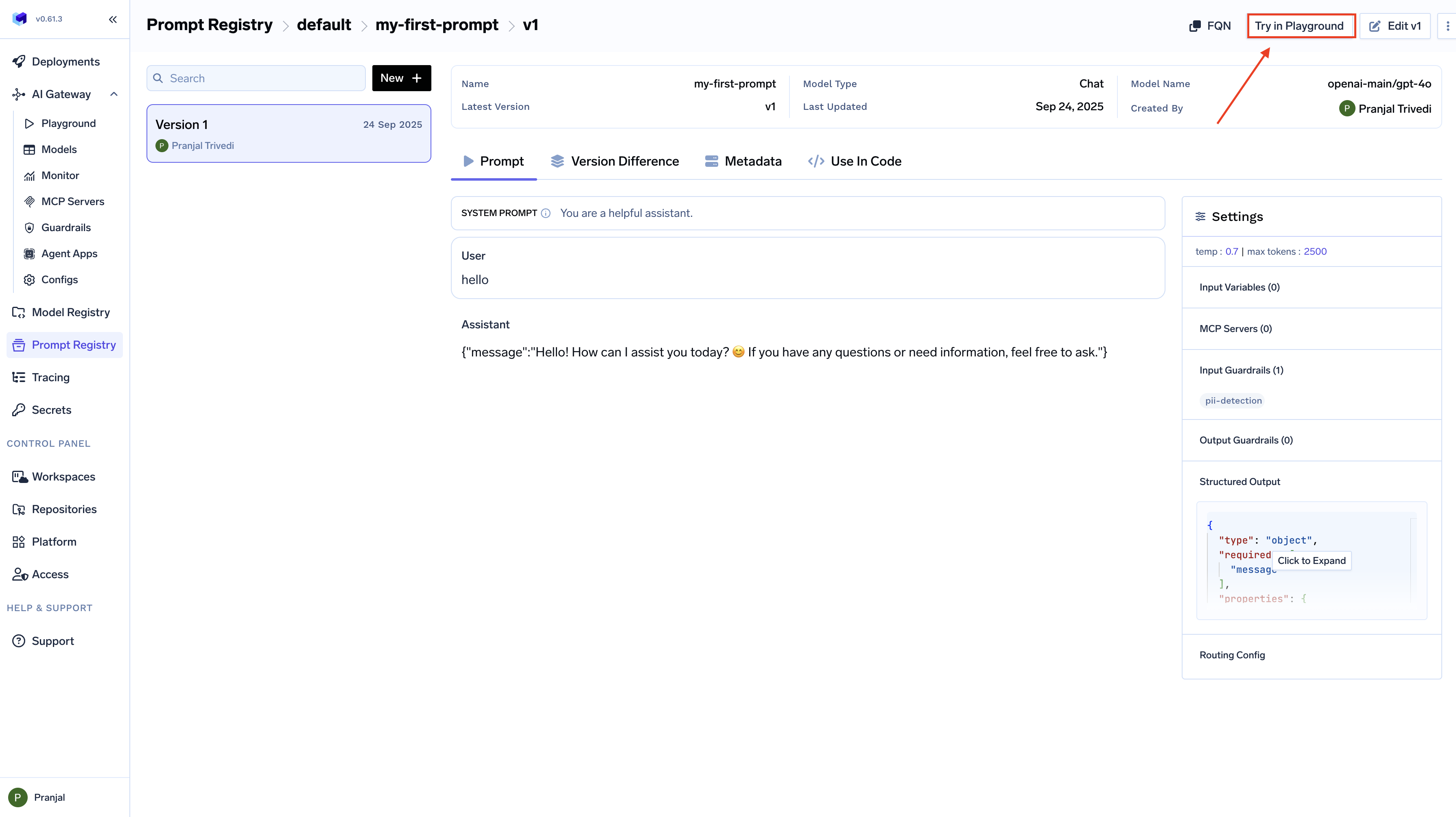 Prompt template details page showing version history, configuration settings, and options to load different versions into the playground